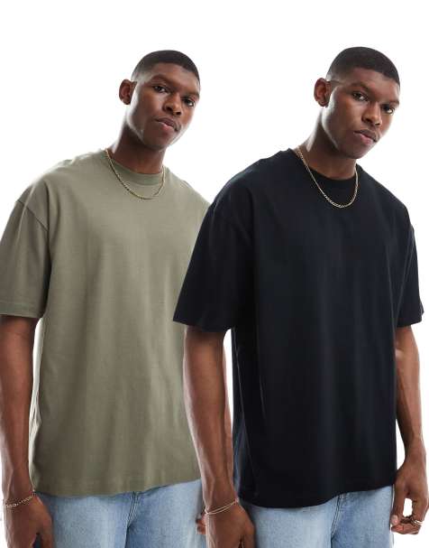 ASOS DESIGN essential 2 pack oversized t-shirts in khaki and black - view 1