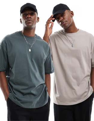 ASOS DESIGN essential 2 pack oversized t-shirts in stone and dark green-Multi φωτογραφία