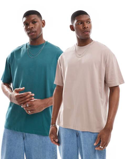 ASOS DESIGN essential 2 pack oversized t-shirts in stone and green - view 1