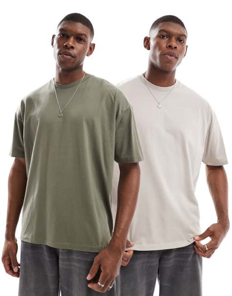 ASOS DESIGN essential 2 pack oversized t-shirts in stone and khaki - view 1