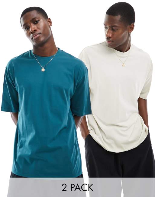 ASOS DESIGN essential 2 pack oversized t-shirts in taupe and green 