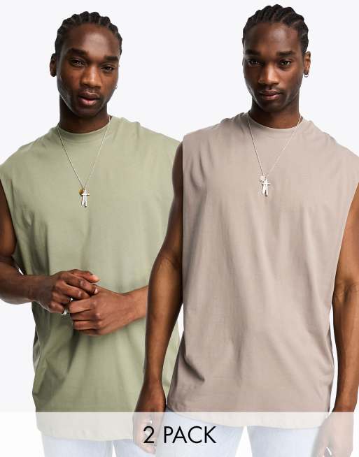 ASOS DESIGN essential 2 pack oversized tank tops in khaki green and tan 