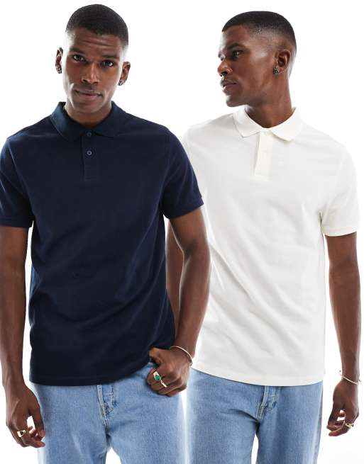ASOS DESIGN essential 2 pack polos in navy and cream pique  