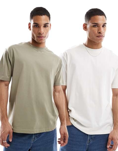 ASOS DESIGN essential 2 pack relaxed t-shirts in cream & khaki green - view 1