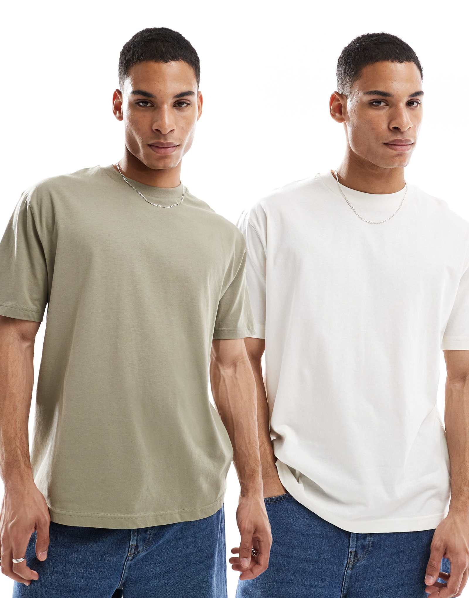 ASOS DESIGN essential - 2 комплекта непринужденных футболок кремового и зеленого цвета хаки   