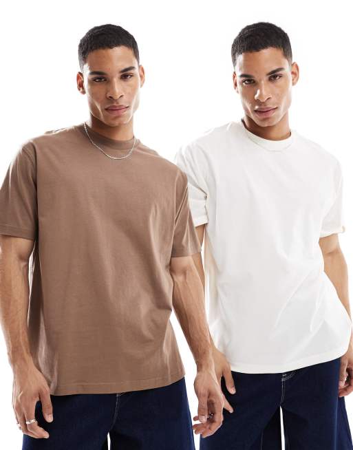 ASOS DESIGN essential 2 pack relaxed t-shirts in stone and cream 