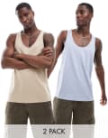 [ASOS DESIGN] ASOS DESIGN essential 2 pack singlets in light blue and beige-Multi XS MULTI
