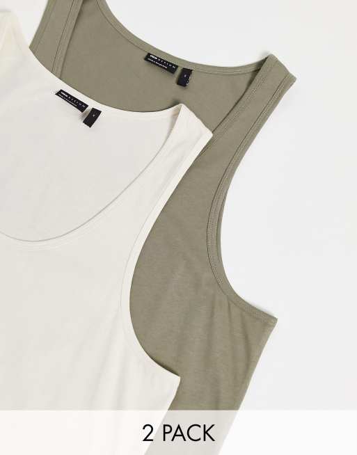 ASOS DESIGN essential 2 pack vest with scoop neck in ecru and khaki 