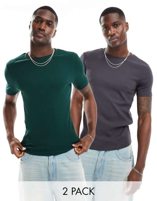 ASOS DESIGN – Essential – 2er-Pack gerippte Muskelshirts in Anthrazit und Dunkelgrün