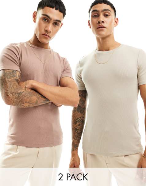 ASOS DESIGN – Essential – 2er-Pack gerippte Muskelshirts in Steinbeige und Braun - view 1