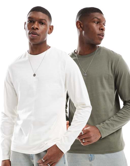 ASOS DESIGN – Essential – 2er-Pack langärmlige T-Shirts in Creme und Khaki mit Rundhalsausschnitt
