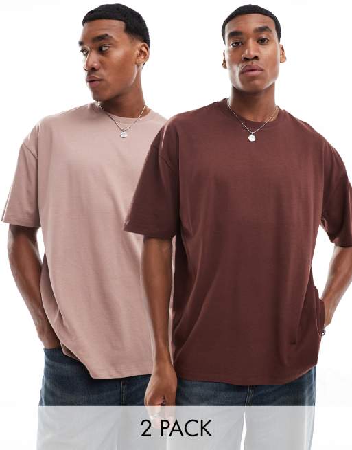 ASOS DESIGN – Essential – 2er-Pack Oversize-T-Shirts in Braun und Rosa