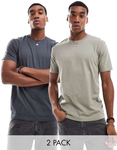 ASOS DESIGN – Essential – 2er-Pack T-Shirts in Anthrazit und Khaki meliert mit Rundhalsausschnitt - view 1