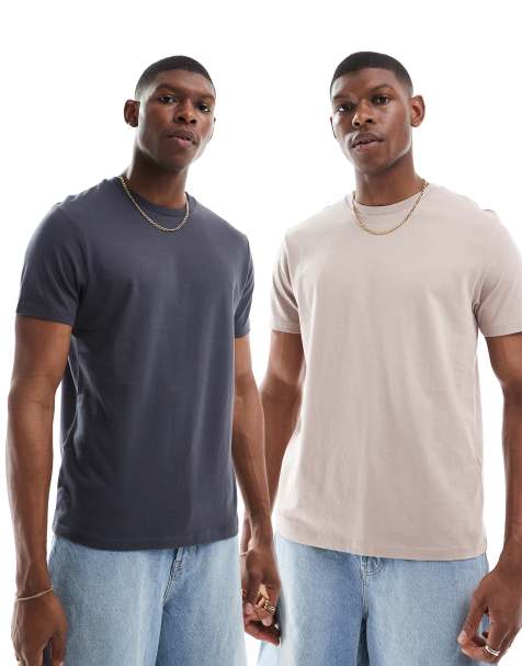 ASOS DESIGN – Essential – 2er-Pack T-Shirts in Anthrazit und Steinbeige meliert mit Rundhalsausschnitt - view 1