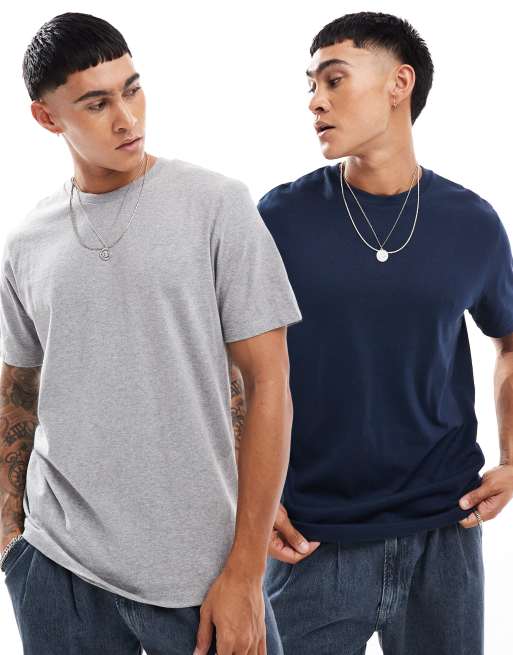 ASOS DESIGN – Essential – 2er-Pack T-Shirts in meliertem Grau und Marineblau mit Rundhalsausschnitt