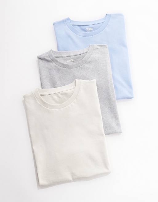 ASOS DESIGN essential 3 pack T-shirt with crew neck in stone, gray, blue