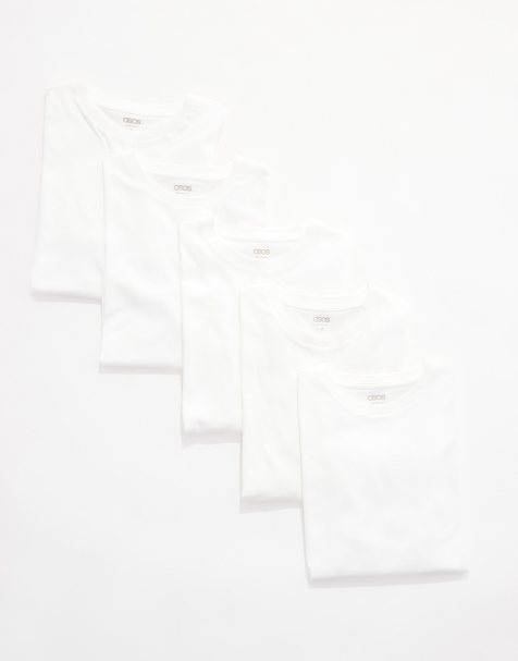 ASOS DESIGN essential 5 pack crew neck t-shirts in white - view 1