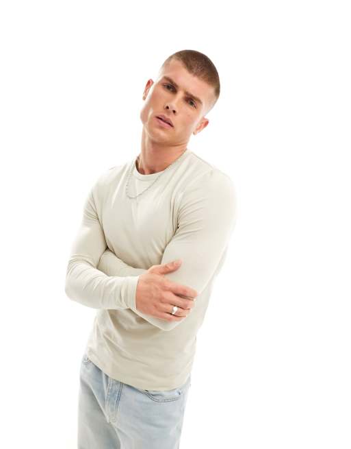 ASOS DESIGN – Essential – Beżowy t-shirt z długim rękawem o kroju podkreślającym sylwetkę