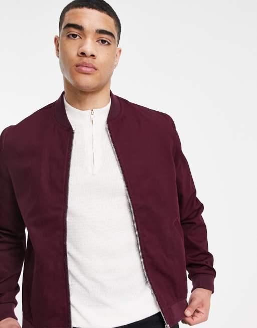 Burgundy bomber outlet jacket mens outfit