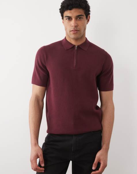 ASOS DESIGN - Essential - Bordeauxrød poloskjorte i strikket bomuldsblanding med lynlås - view 1