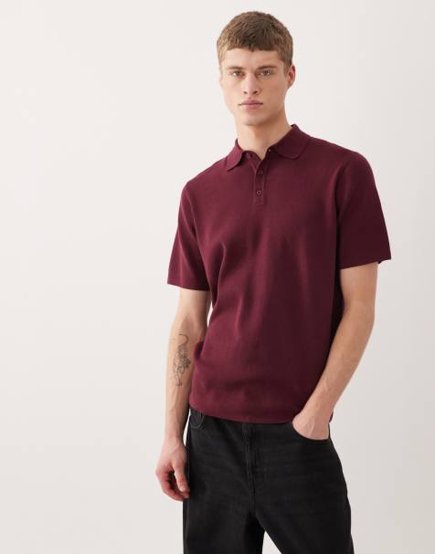 ASOS DESIGN Essential – Bordowa koszulka polo z dzianiny w drobne prążki - view 1