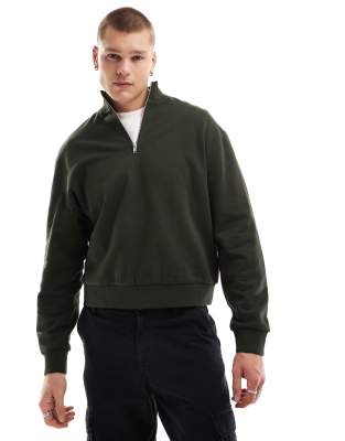 essential boxy oversized sweatshirt with half zip in dark green