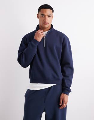 Asos Design Essential Boxy Oversized Sweatshirt With Half Zip In Navy