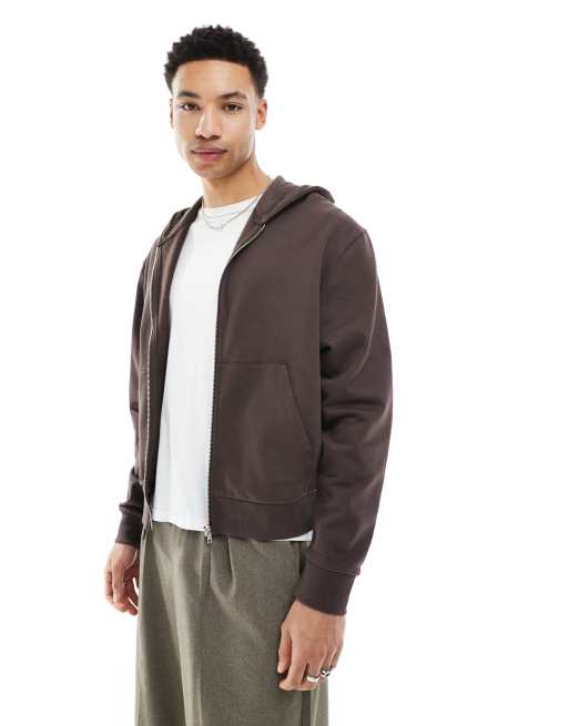 ASOS DESIGN essential boxy oversized zip through hoodie in brown