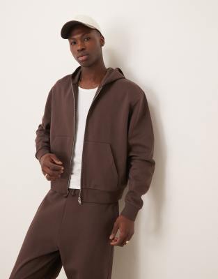 ASOS DESIGN essential boxy oversized zip through hoodie in brown