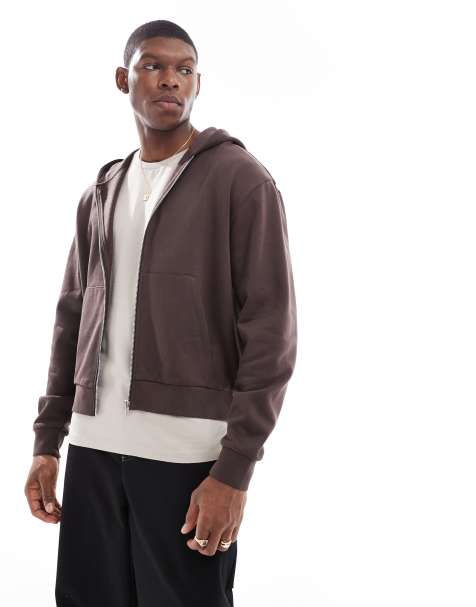 ASOS DESIGN essential boxy oversized zip through hoodie in brown - view 1