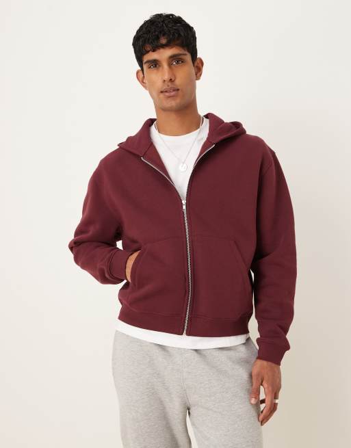 ASOS DESIGN essential boxy oversized zip through hoodie in burgandy - BURGUNDY