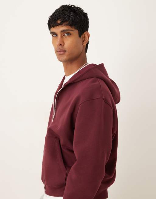 ASOS DESIGN essential boxy oversized zip through hoodie in burgundy