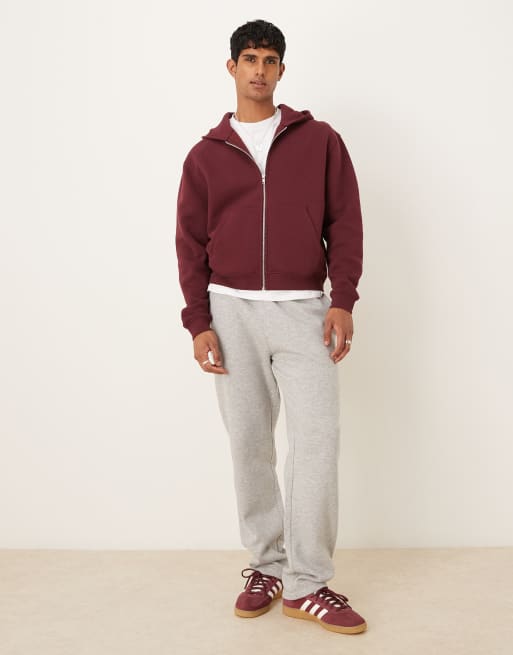 ASOS DESIGN essential boxy oversized zip through hoodie in burgundy