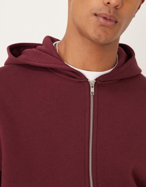 ASOS DESIGN essential boxy oversized zip through hoodie in burgundy