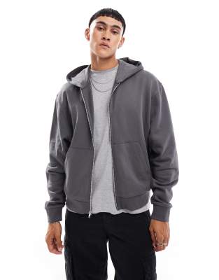 essential boxy oversized zip through hoodie in charcoal-Gray