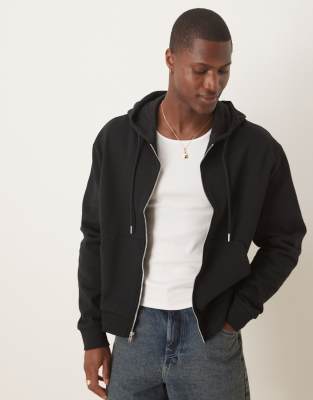Asos Design Essential Boxy Oversized Zip Up Hoodie In Black