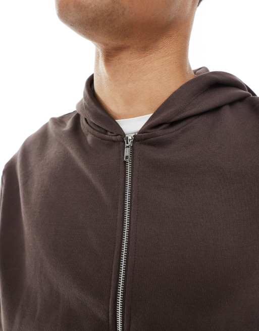 ASOS DESIGN essential boxy oversized zip up hoodie in brown