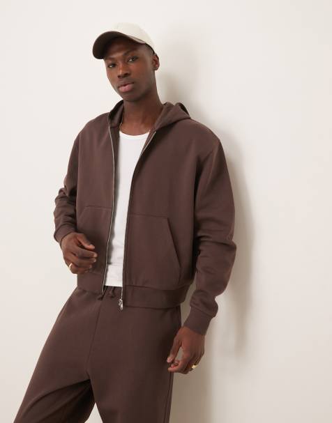 ASOS DESIGN essential boxy oversized zip up hoodie in brown - view 1