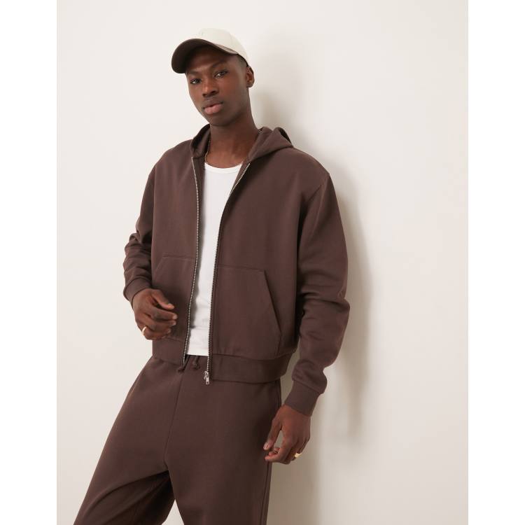ASOS DESIGN essential boxy oversized zip up hoodie in brown