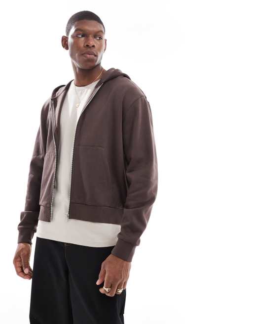 ASOS DESIGN essential boxy oversized zip up hoodie in brown