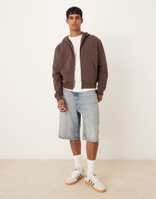Asos Design Essential Boxy Oversized Zip Up Hoodie In Brown
