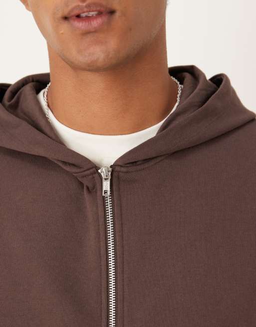 ASOS DESIGN essential boxy oversized zip through hoodie in brown