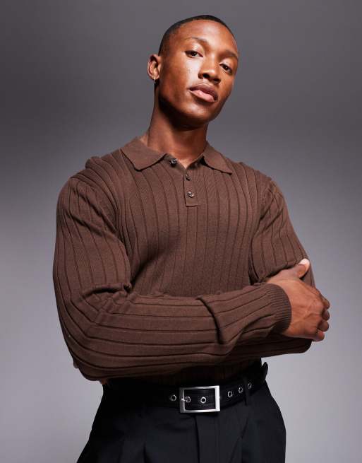 ASOS DESIGN Essential – Brązowy prążkowany sweter dzianinowy o kroju podkreślającym sylwetkę z kołnierzykiem polo