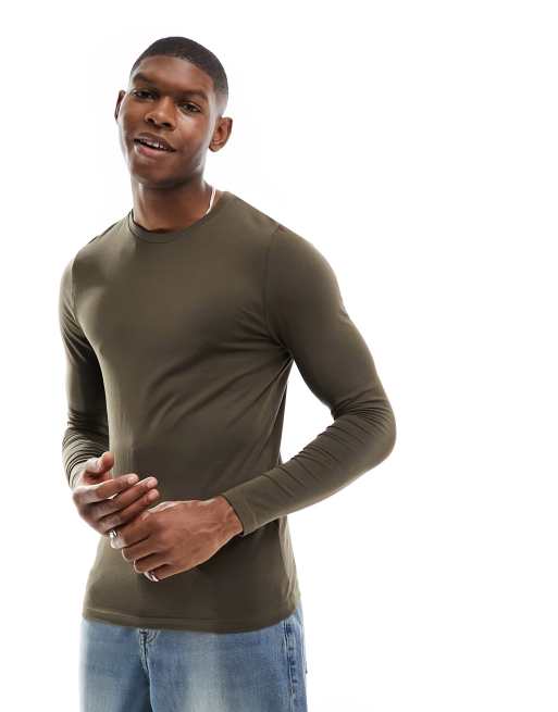 ASOS DESIGN – Essential – Brązowy prążkowany T-shirt o kroju podkreślającym sylwetkę z długim rękawem