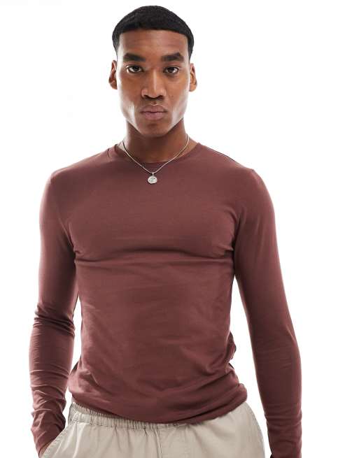 ASOS DESIGN – Essential – Brązowy T-shirt o kroju podkreślającym sylwetkę z długim rękawem