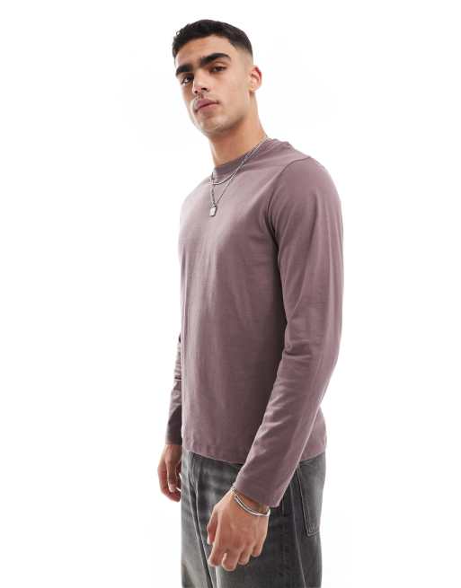 ASOS DESIGN – Essential – Brązowy T-shirt z okrągłym dekoltem i długim rękawem