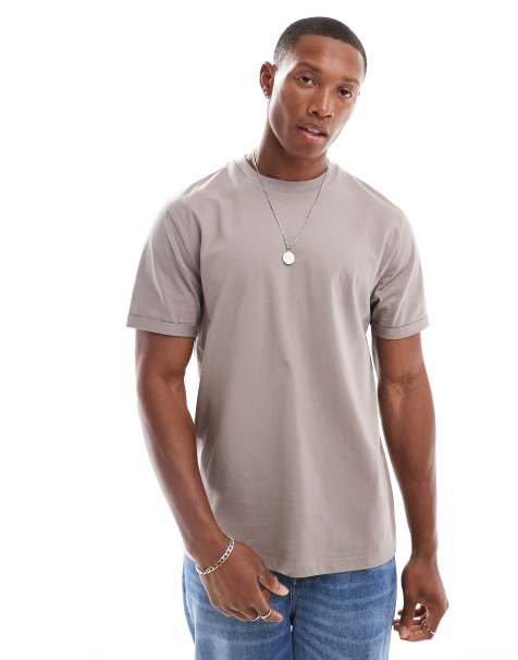 ASOS DESIGN - Essential – Brązowy T-shirt z okrągłym dekoltem i podwijanymi rękawami - view 1