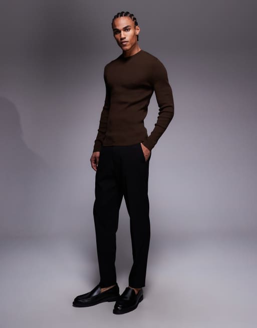 ASOS DESIGN – Essential – Brun, tunt ribbstickad topp i muscle fit med rund halsringning, 2 av 5