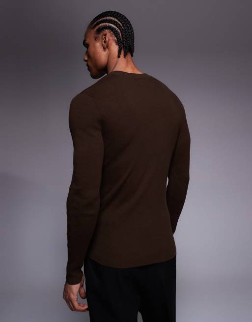 ASOS DESIGN – Essential – Brun, tunt ribbstickad topp i muscle fit med rund halsringning, 3 av 5