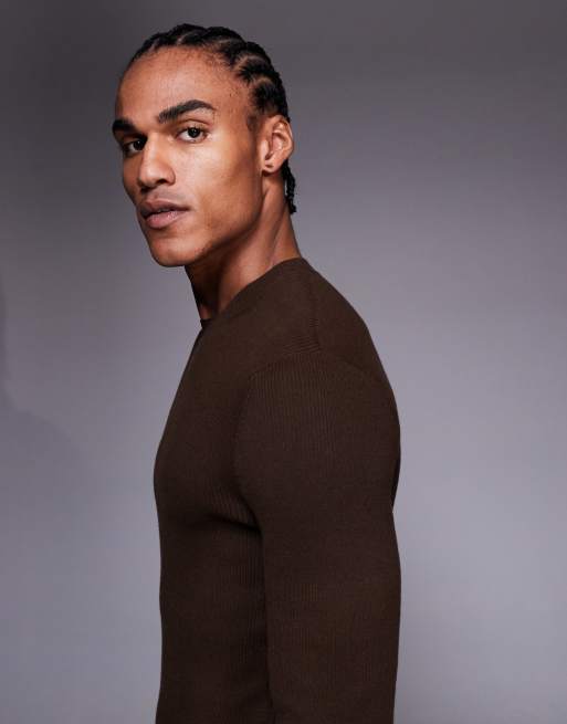 ASOS DESIGN – Essential – Brun, tunt ribbstickad topp i muscle fit med rund halsringning, 4 av 5